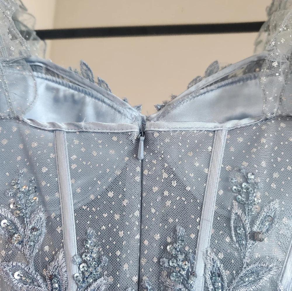 Cinderella Divine Dusty Blue Dress with Puff Sleeves - Picture 4 of 5
